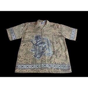 Vintage Authentic Shaolin Men's XL Button-Up Shirt Green Dragon Print